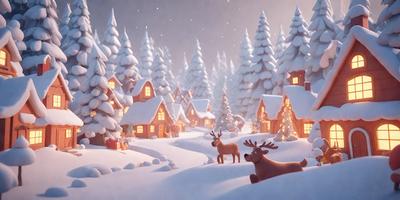 The primary subject of the image is a group of deer standing in the snow. The setting is a snowy village with houses and trees in the background. The visual style is a digital art or illustration, creating a whimsical and festive atmosphere. The dominant colors are white for the snow and various shades of brown for the deer and the village.